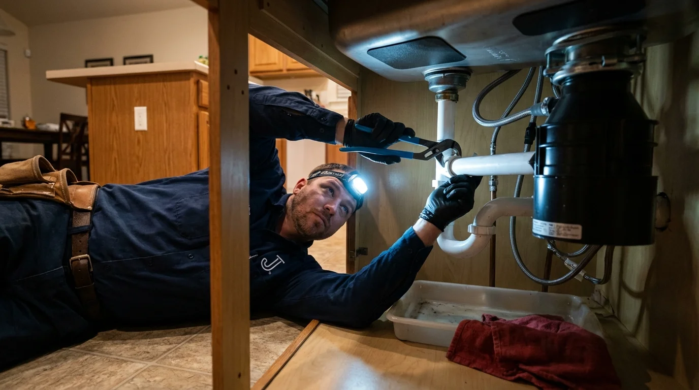 P-trap and supply line connections under a kitchen sink showing a common leak point in Lumpkin, GA